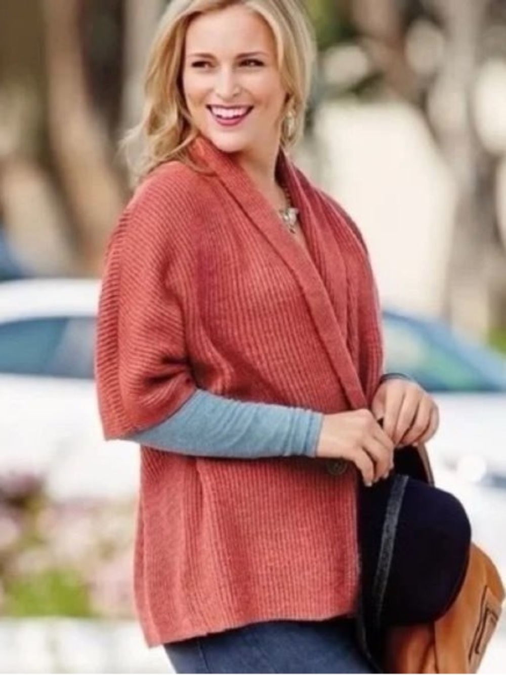 CAbi Ribbed Open-Front Shrug in Rust
